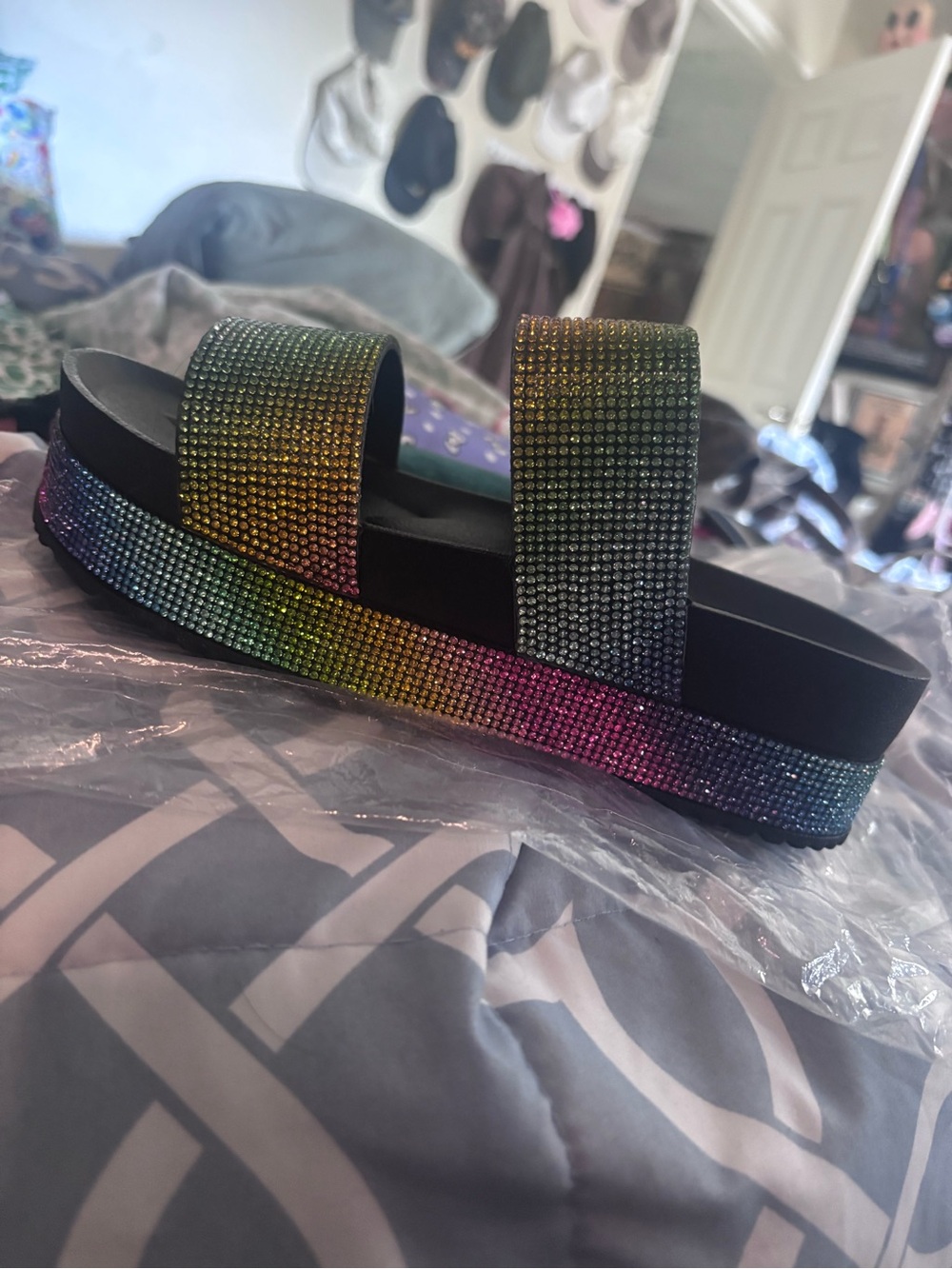 Dolls Kill Rainbow Rhinestone Platform Slide Sandals - Picture 3 of 5
